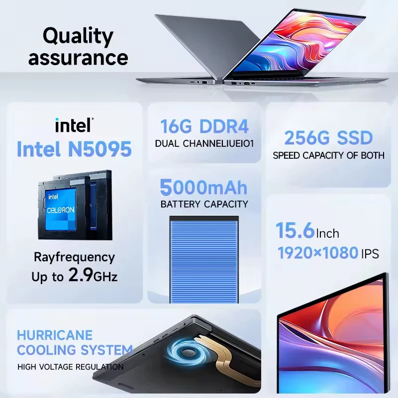 15.6" Laptop Computer Intel Celeron N5095 Notebook PC Gamer 16GB RAM 1TB 2TB SSD Office Study PC Windows 11 Pro 1080P Laptops