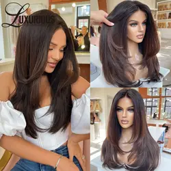 200 Density 13x4 Lace Front Human Hair Layered Wig Pre Plucked Ombre Brown Colored Straight Brazilian Frontal Wigs For Women