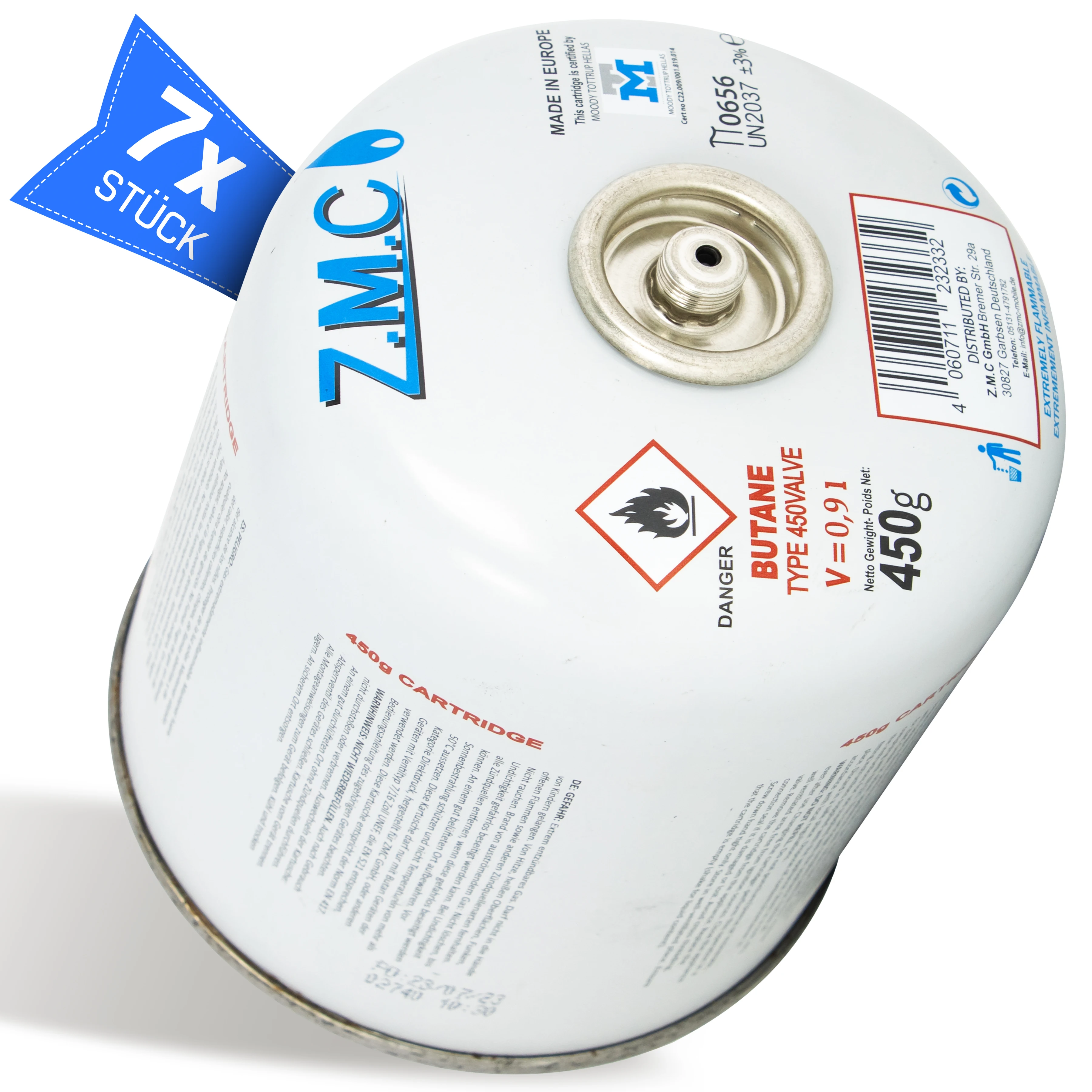 Z.M.C Gaspatroon 450g Butaan/Propane 1X - 12X | En417-standaard, schroefmodel, 7/16" Euro-gaspatroon, 900 ml, voor campingkooktoestellen, gasgrills en gasgestookte verwarming.