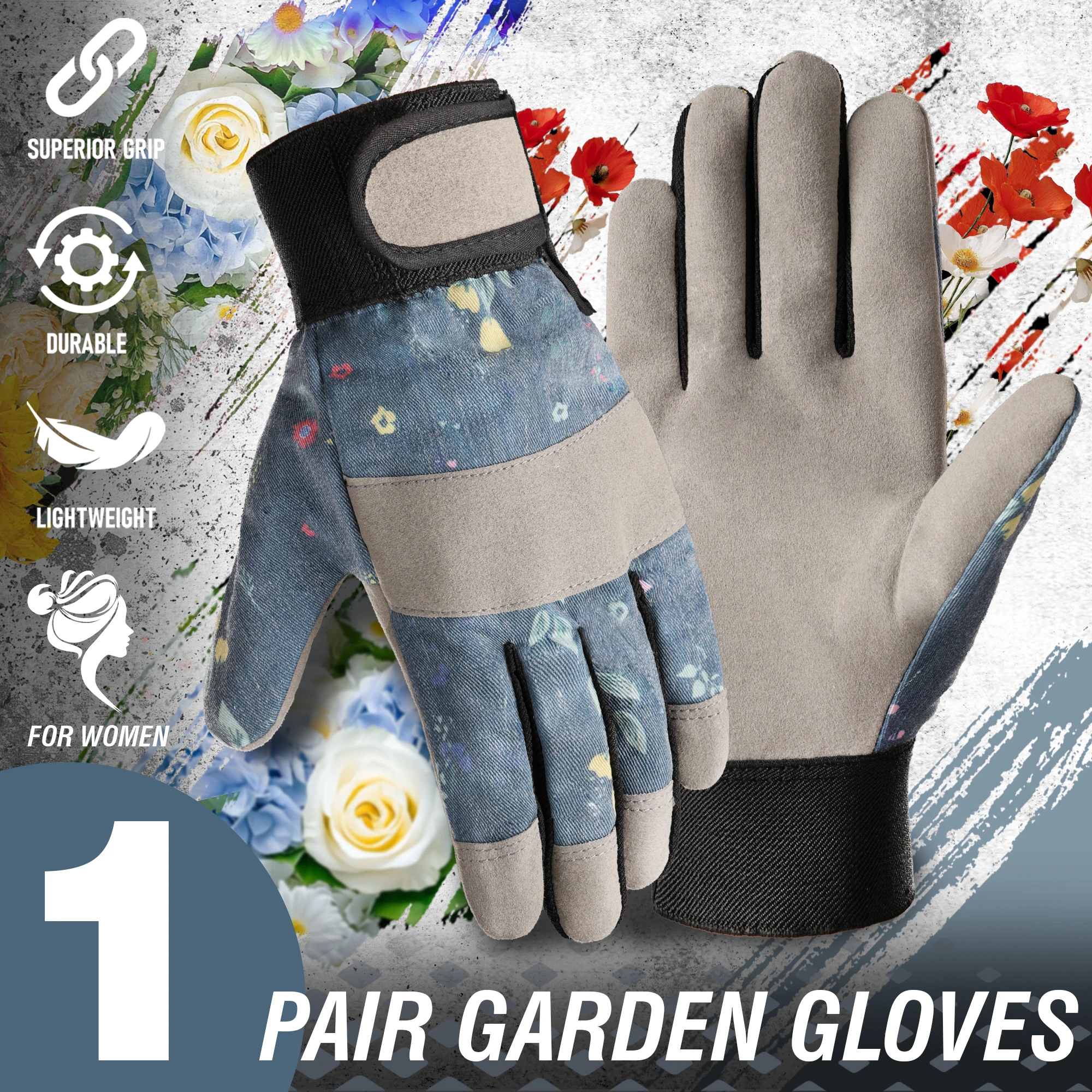 1 Pair Gardening Gloves for Women Lightweight Floral Print Durable Polyester Ergonomic Design for Gardening