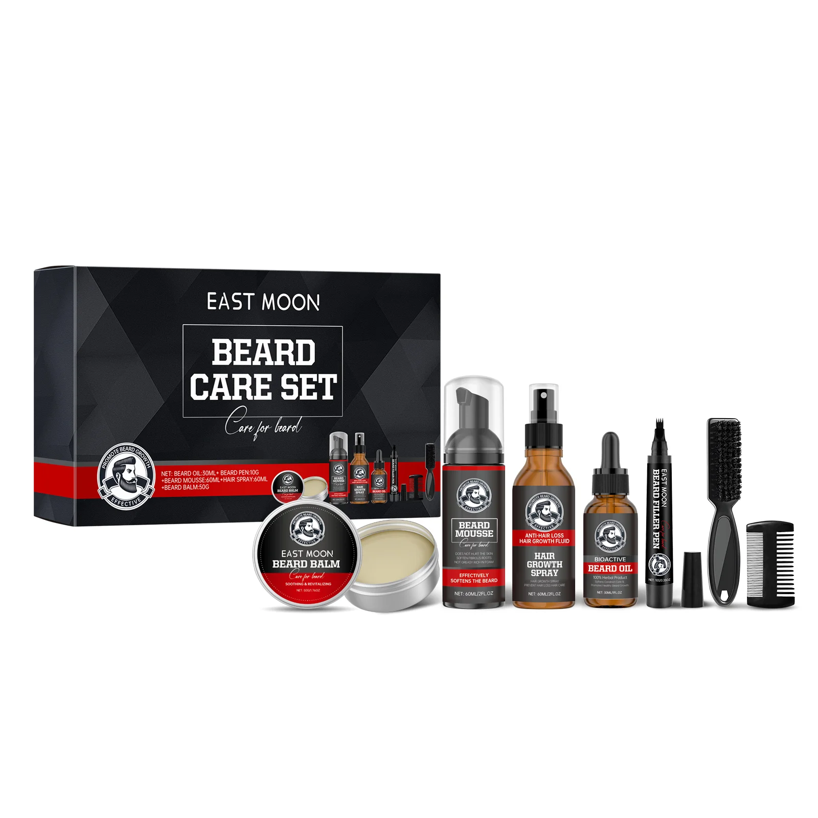 East Moon Men's Beard Care Kit Shine Soften Beard Strengthens Mustaches Smooth Nourishing Beard Oil Moustache Nursing Product