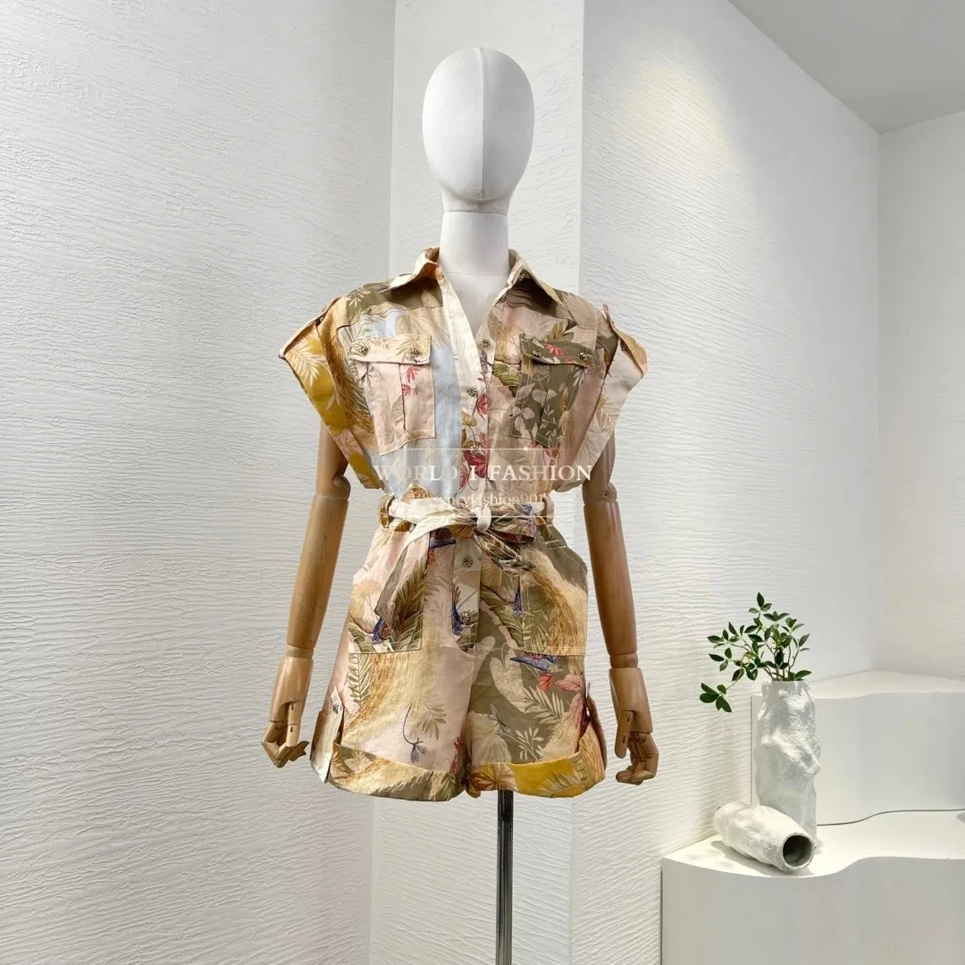 

Short Sleeve Beach Style Mulit Colors Elegant Linen High Quality Floral Print Self Bow Tie At Waist Women Holiday Playsuits