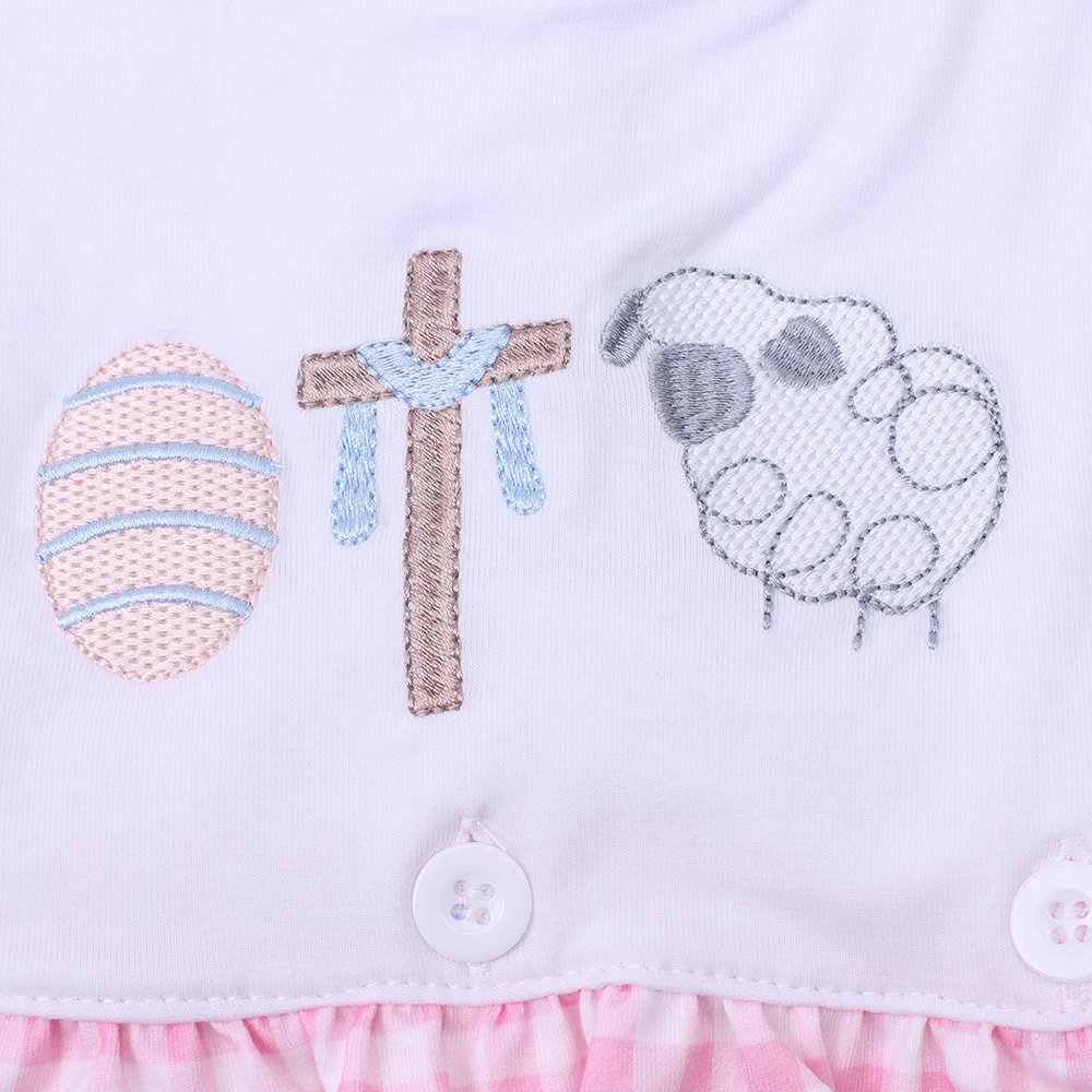 High Quality Summer Baby Romper Girl Crew Collar Sleeveless Plaid Rugby Pattern Suspenders Pink Pleated Lace And White Romper