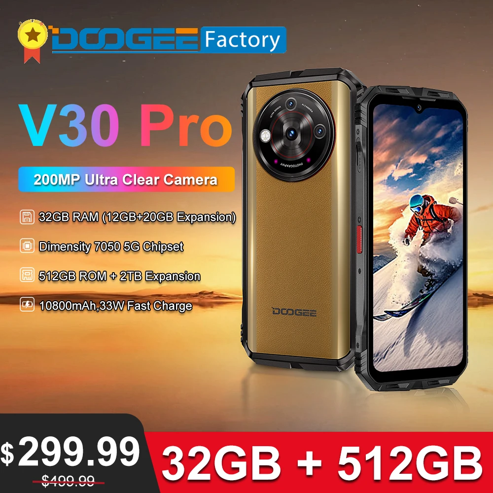 Смартфон DOOGEE V30 Pro 5G, 32 ГБ, 512 ГБ, камера 200 МП Процессор Dimensity 7050 6,58-дюймовый дисплей с разрешением Full HD, 120 Гц Аккумулятор 10800 мАч Мобильный телефон с динамиком высокого разрешения