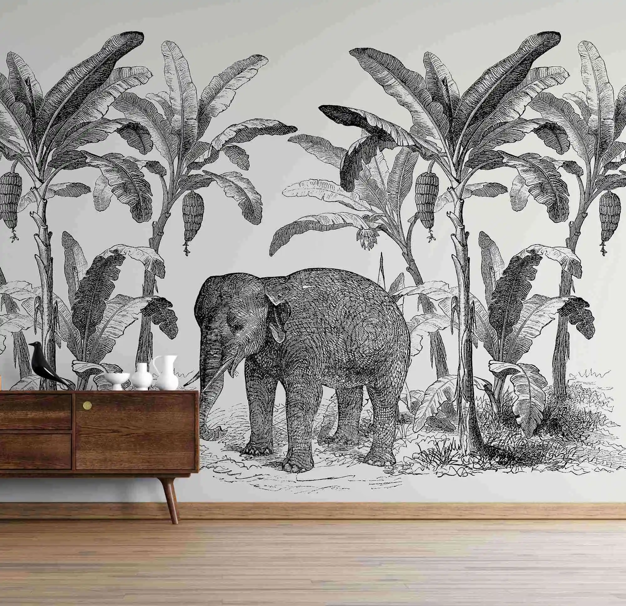 

Loxodonta Vintage Explorer Mural with Elephant walking in a Tropical Banana woods Mural Wallpaper