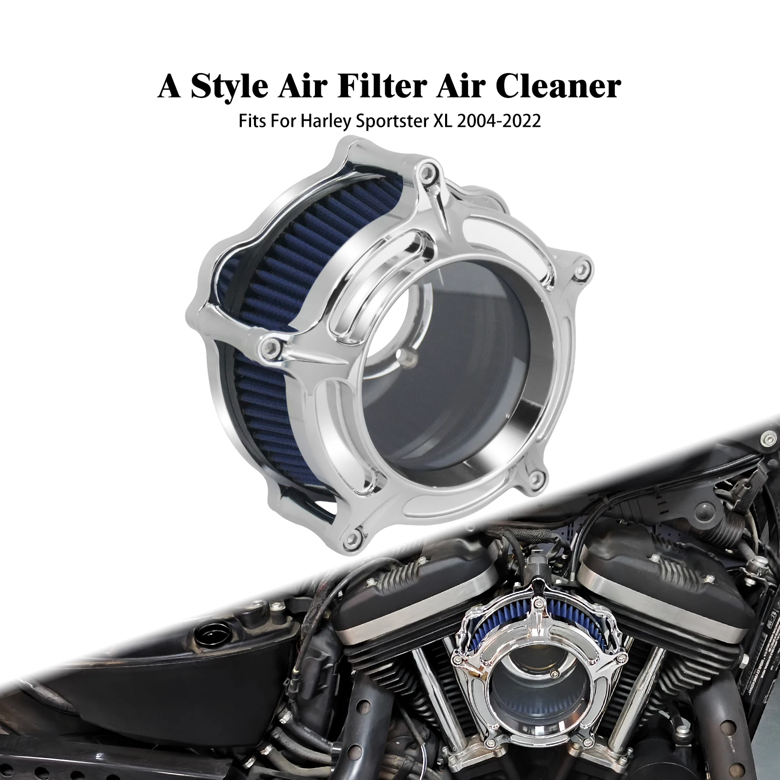 

Мотоциклетный воздушный фильтр High Flow Chrome Transparent с синим впускным патрубком для Harley Sportster 883 1200 48 72 2004-2022