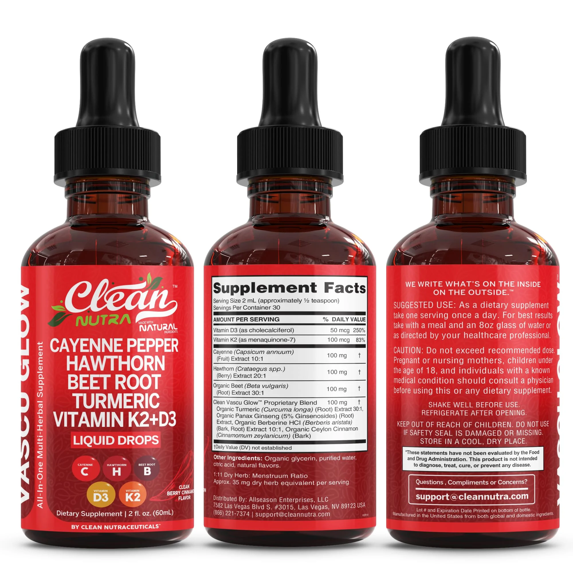 Vascu Flow Cayenne Hawthorn Beet Root Turmeric Liquid Drops K2 D3 Herbal Supplement