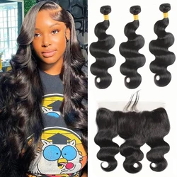 Body Wave Human Hair Bundles With 13x4 HD Lace Frontal 3 Bundles With Frontal With Extensions Weave for Women Brazilian Prepluck