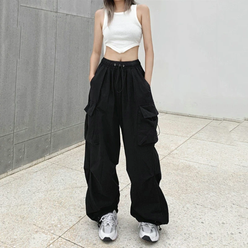 Women Casual Cargo Pant Solid Low Waist Drawstring Big Pockets Wide Leg Baggy Trousers Female Y2K Streetwear Oversize Sweatpants