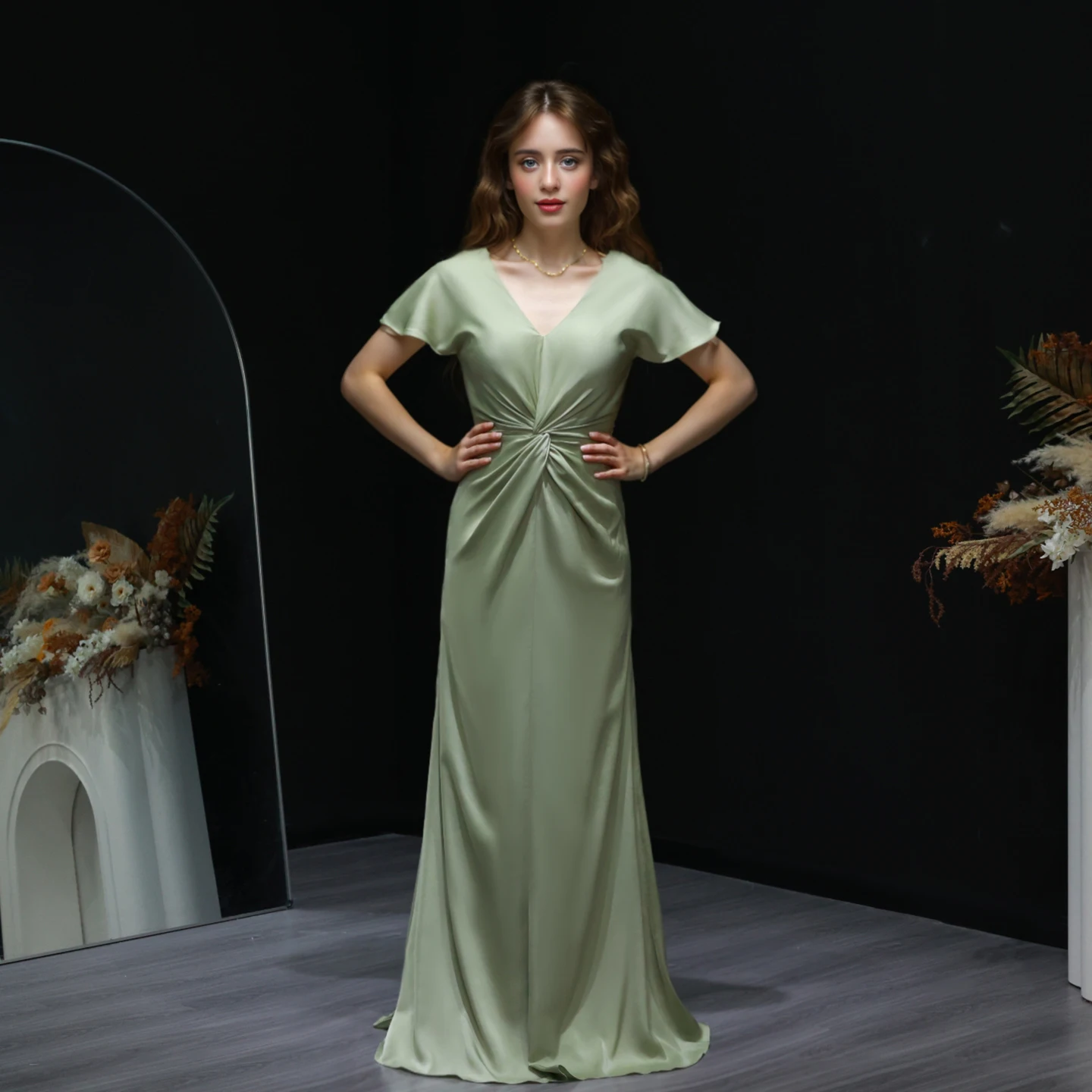 Sharon Said 2025 elegante satén verde con cuello en V mangas tipo capa vestido de dama de honor vestido largo de boda vestidos de invitados BS007 personalizado