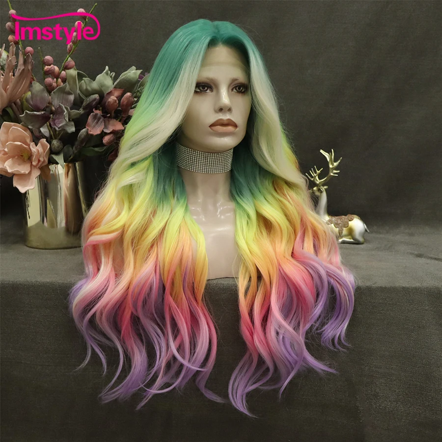 Imstyle Colorful Wig Multicolor Synthetic Lace Front Wig T Part Lace Wig Long Wavy Wig Heat Resistant Fiber Wigs For Women Party