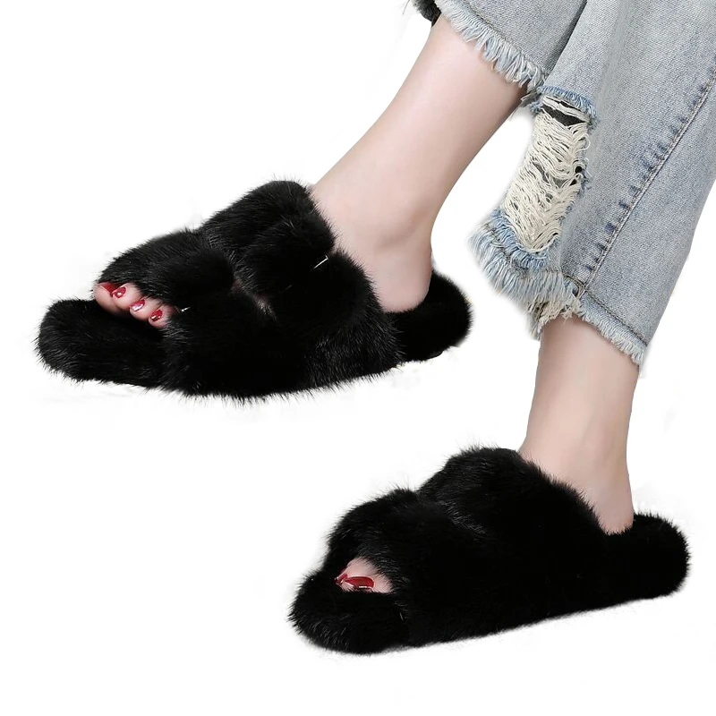 2022 Winter FlatShoes Warm Fur Slippers Slip On Loafers Mules Flip Flops Casual Outdoor Fur Slippers For Women Mink Slippers