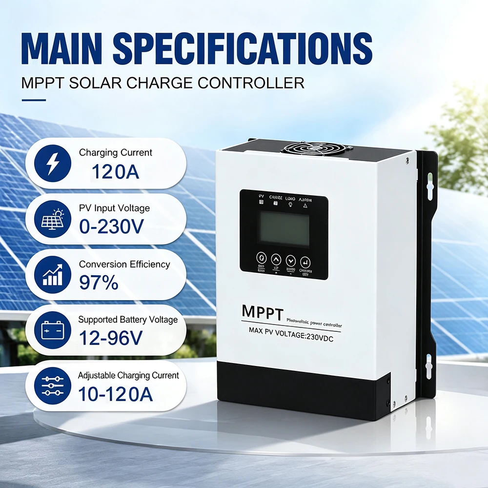 MPPT Solar Charge Controller 120A 12V-96V with LCD Max Solar Panel Input 230Vdc for Lifepo4 Lithium GELLead Acid Battery