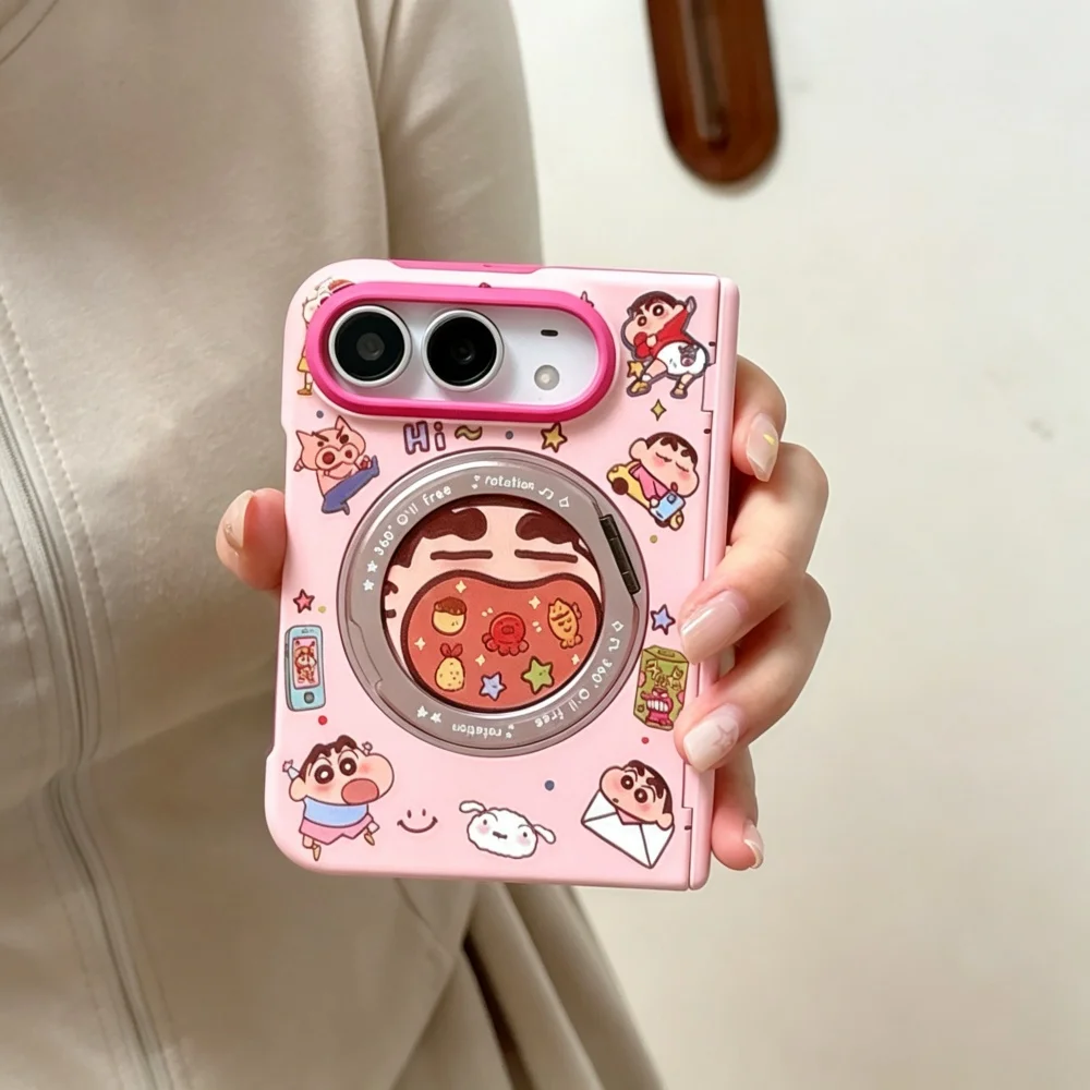 New Cute Shin Chan Pink Magnetic Phone Case for iPhone Duo Cover, with Magsafe Holder, Kawaii Anti‑Fall Protective Cases Fashion