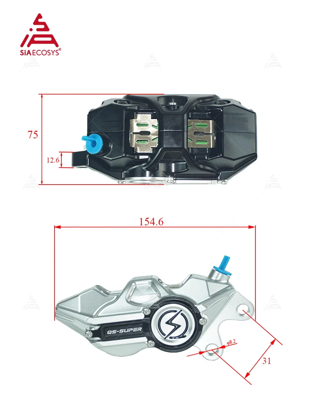 QS 4피스톤 단조 알루미늄 브레이크 캘리퍼 키트 통풍 디스크 레이싱 업그레이드 (전기 스쿠터/오토바이용)