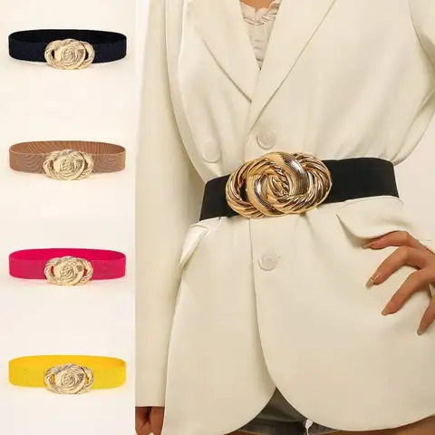 Cinturones anchos elásticos de cuero PU con hebilla de Metal grabada Vintage para mujer vestido de cintura gruesa elástica de talla grande