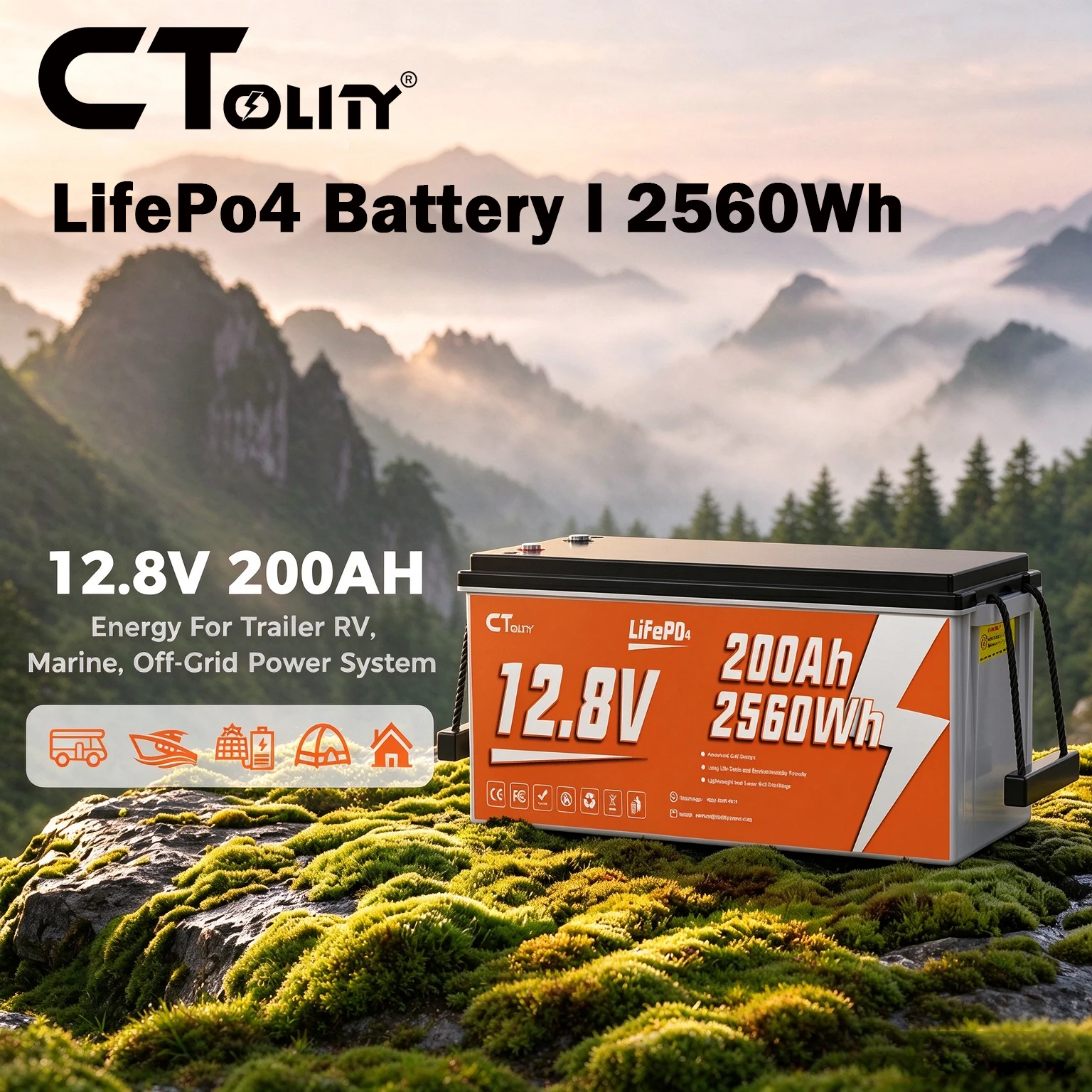 Batterie LifePO4 CTOLITY 12V 200Ah, BMS 200A, batterie au phosphate de fer et de lithium 12,8V 2560Wh pour camping-car, voiturette de golf, système d'énergie solaire, moteur de pêche, batteries rechargeables, plus de 4000 cycles, pour générateur solaire, sondeur de poissons