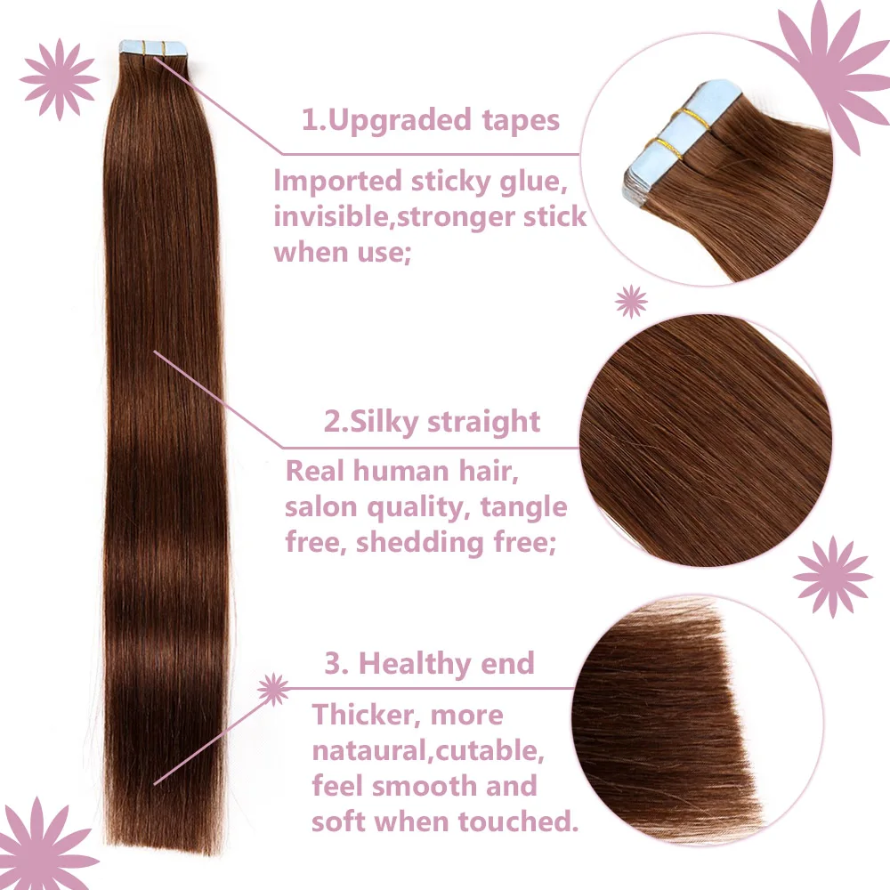 Extensiones de cabello con cinta, cabello humano, 20 piezas, cinta Invisible en extensiones de cabello, cinta sin costuras en extensiones, cabello humano Remy para mujeres