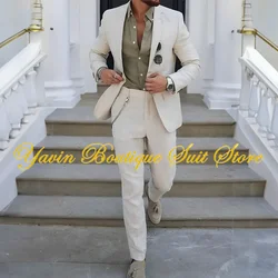 Traje de lino de 2 piezas para hombre, chaqueta de moda de verano, pantalones, traje de novio, esmoquin de boda, fiesta, Blazer elegante para hombre