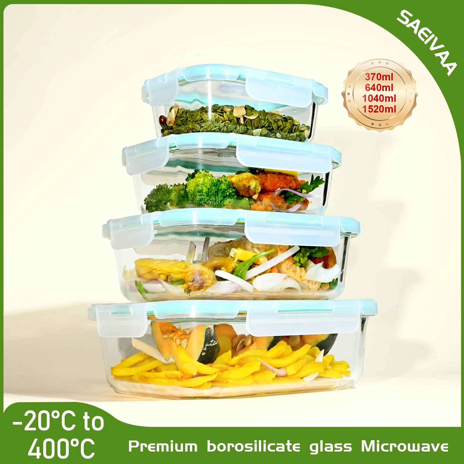 SAEIV Ensemble de pots de conservation frais avec couvercles, quatre récipient de congélateur 370/640/1040/1520 millilitres, organisateur de cuisine sans BPA