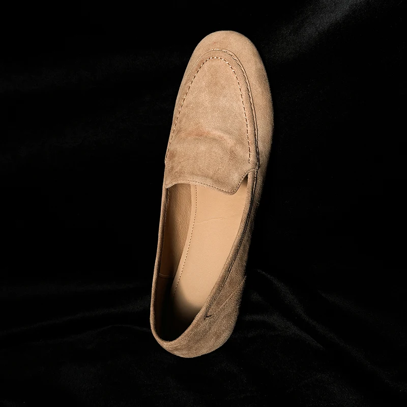 

Women's Suede Leather Loafer Slippers Slip-On Flat Shoes with Round Toe & Block Heel Cozy Moccasin Design