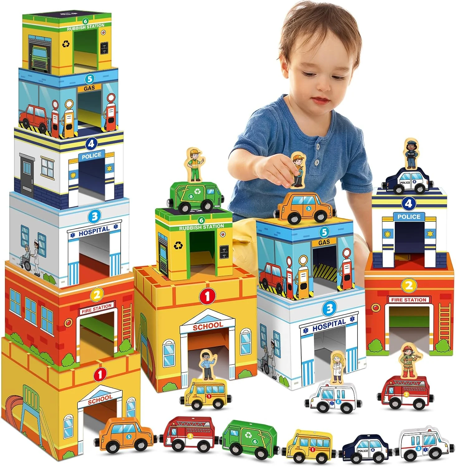 

Toddler Sorting&Stacking Toys with Magnetic Wooden Vehicle,Cars&Community Helpers,STEM Building Blocks,Educational Learning Mon