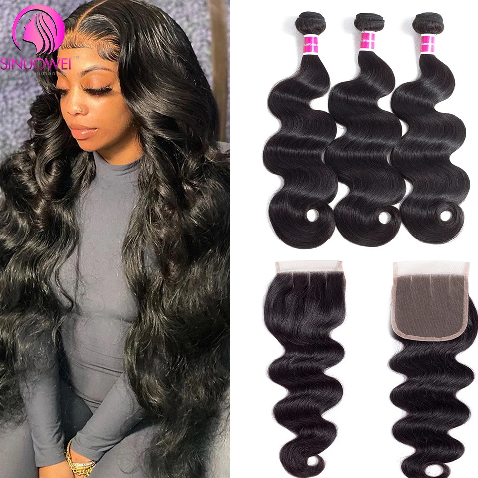 

30Inch Body Wave Brazilian Remy Hair Bundles With 4x4 Lace Closure Natural Color 100% Human Hair Weave 1/3/4 pcs for Women