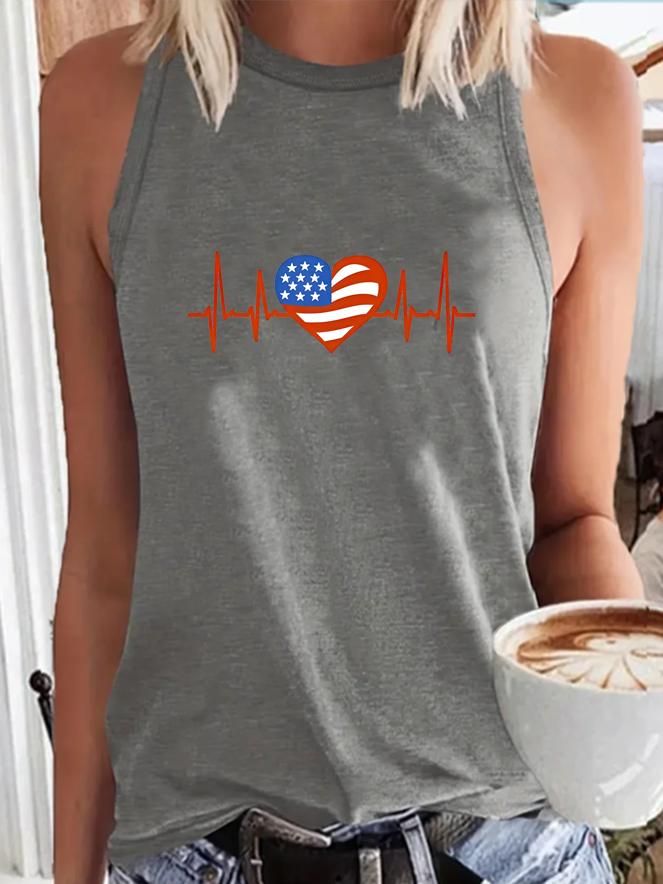 America Flag Heartbeat Love Print Fashion Funny Sports Women's Tank Top Loose O Neck Sleeveless Casual Tank