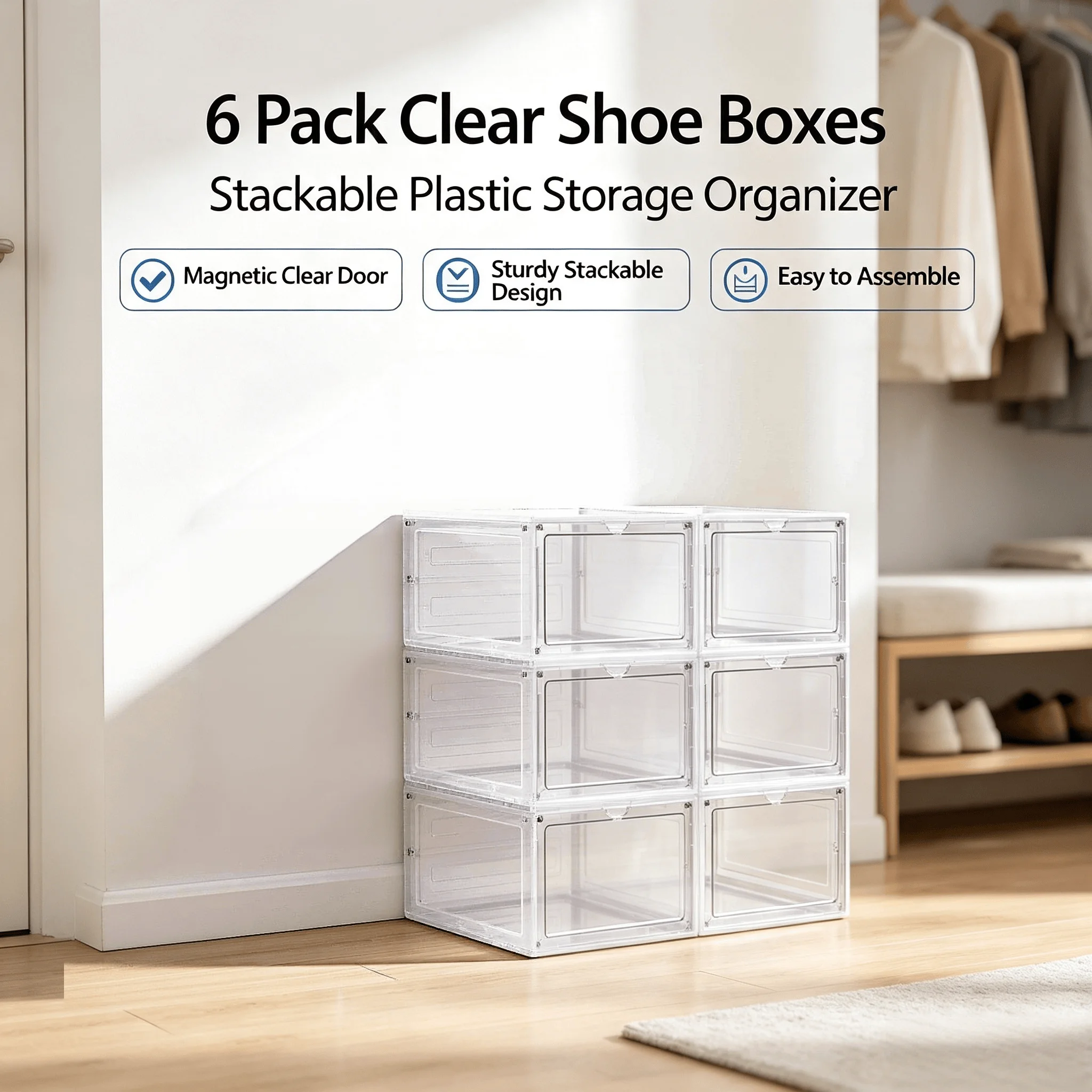 6er-Pack transparente Schuhaufbewahrungsboxen, stapelbare Kunststoff-Schuh-Organizer mit transparenter Vordertür, platzsparende Schuhaufbewahrung für Turnschuhe, Stiefel, Hausschuhe und Alltagsschuhe,
