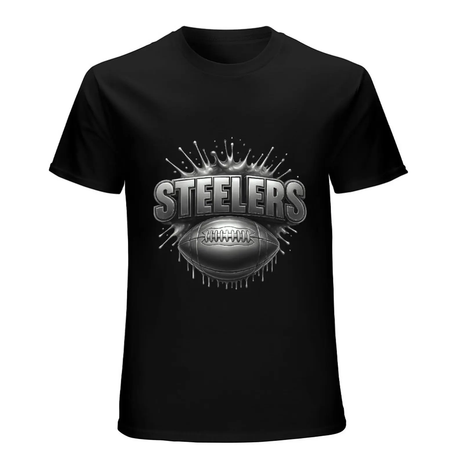 Metallic Silver Dripping Football STEELERS Letter Crew Neck T-Shirt Mens American Football Casual Apparel