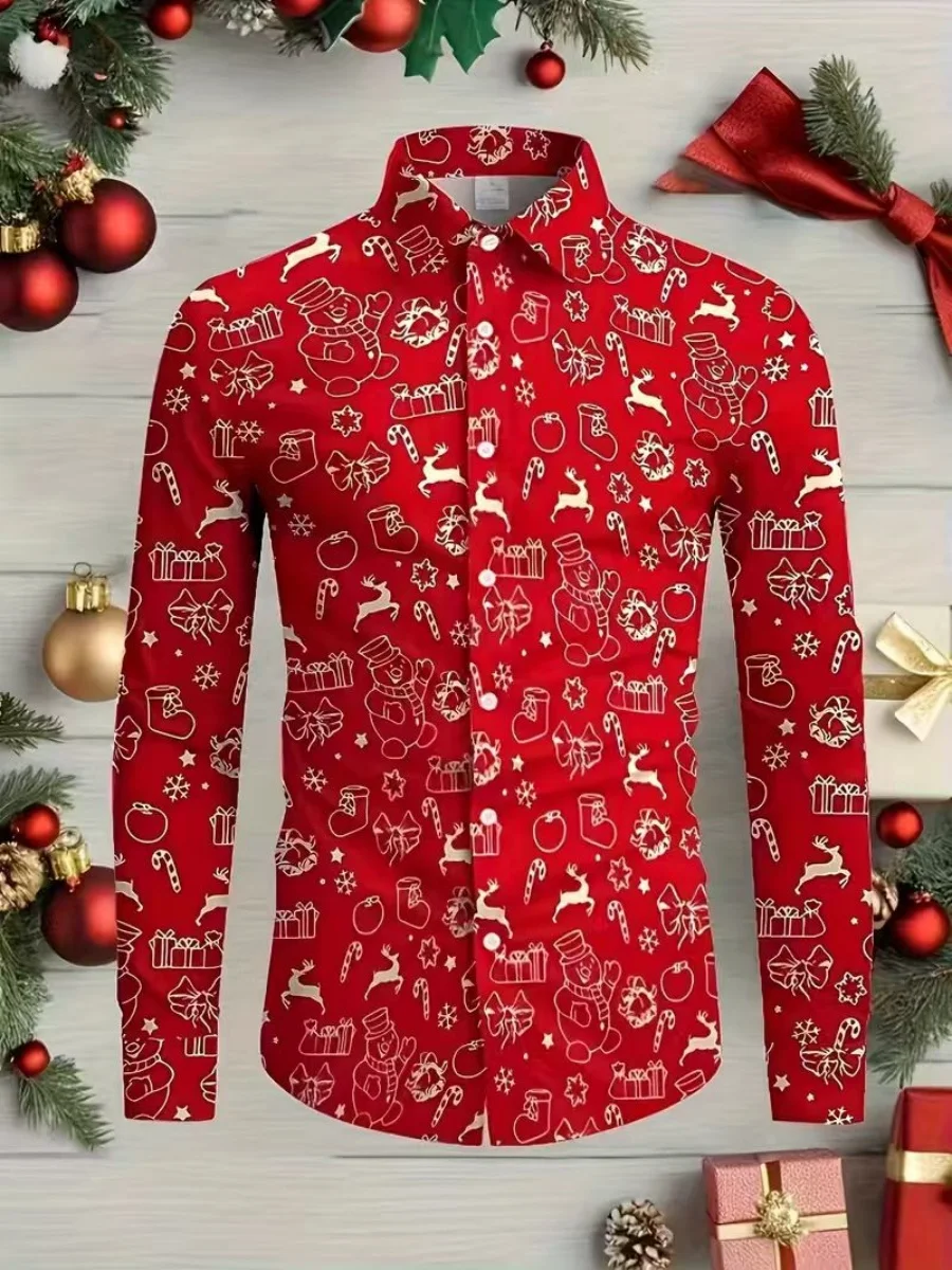 

2026 Christmas-themed men's 3D printed formal shirt, Christmas pattern long-sleeved shirt, fashionable men's shirt.