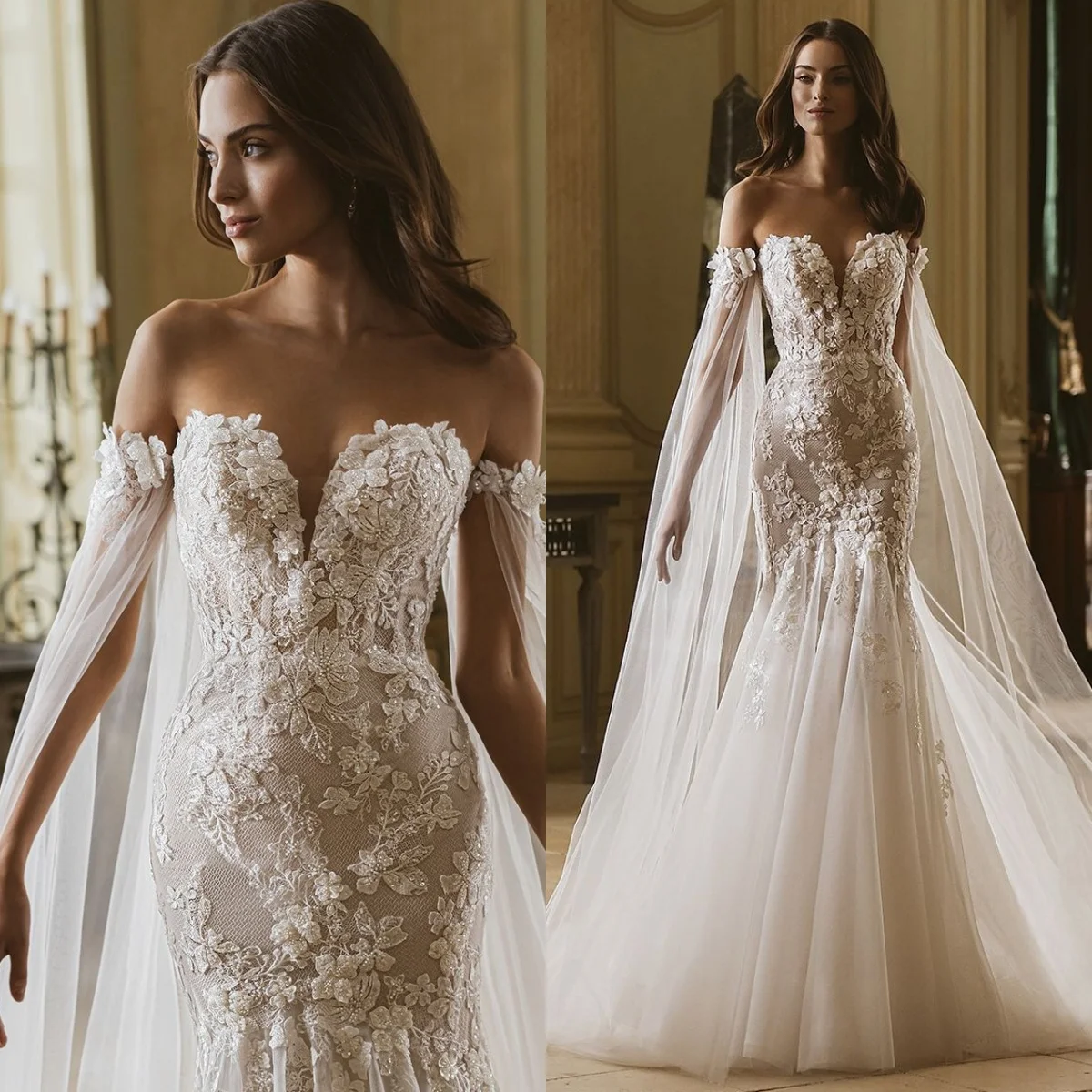 Customized White Appliques Tiered Delicate Wedding Dress Mermaid Zipper Back Half Sleeves Bridal Party Court Train Charming