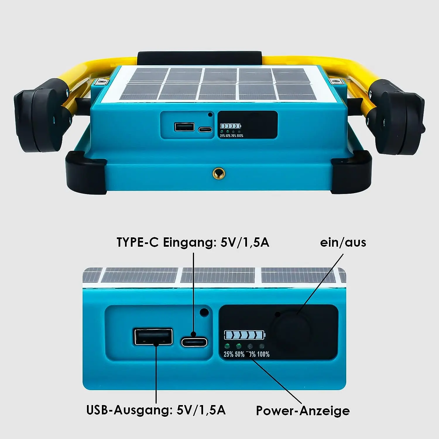 Spotlight LED Battery with Tripod,Portable LED Spotlight Battery with 10500 mAh Battery,Type C and Solar Charging,4 Light Modes