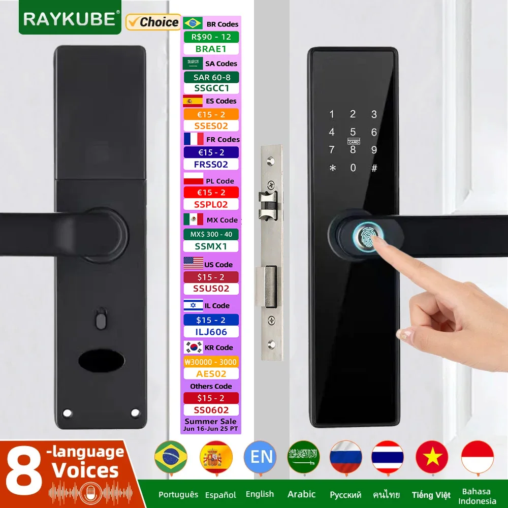 

NEW RAYKUBE H4 Tuya Electronic Lock Wifi Smart Door Lock Fingerprint Lock Password IC Card Key USB Charge For Smart Home