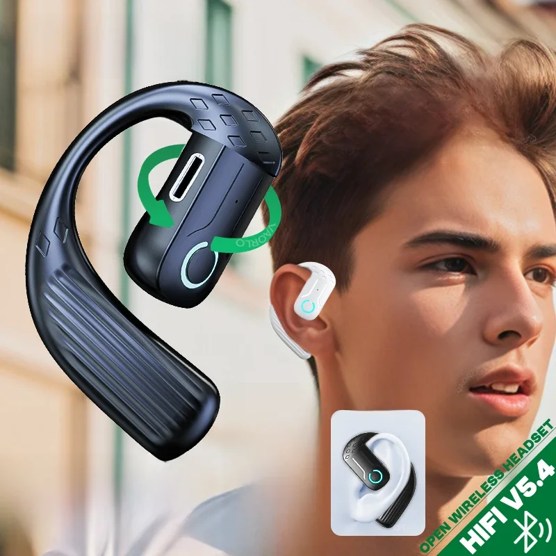 Écouteur sans fil ouvert Bluetooth 5.4 180 ° Casque universel d'oreille gauche droite réglable de Rotation avec le micro pour la musique d'affaires de sport