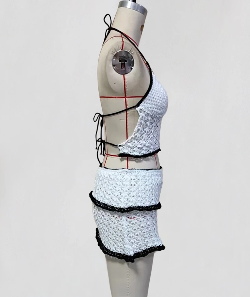 Vestido de playa de 2 uds., traje de baño de punto para mujer, traje de baño Sexy con cuello Halter, Top corto y minifaldas, envoltura de Bikini de ganchillo ahuecada