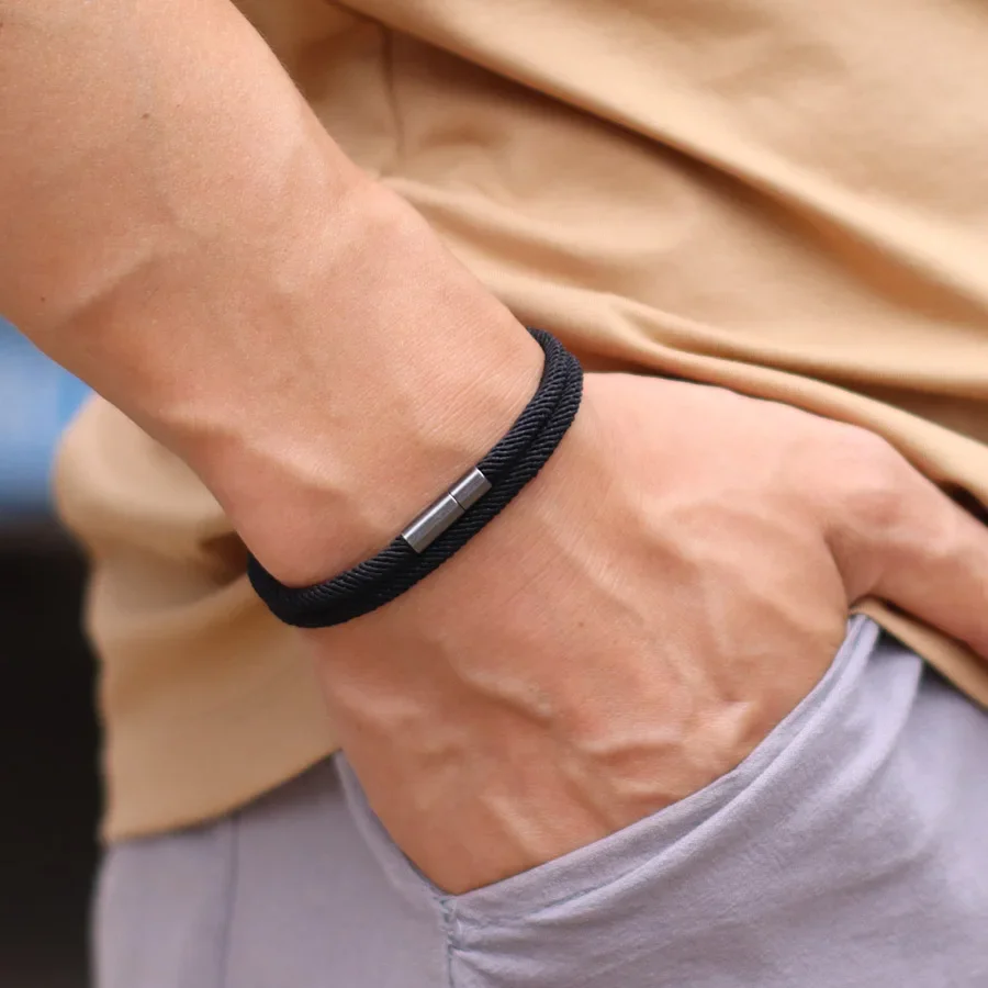 Noter nieuwe collectie heren touw armband 4 mm nylon dubbellaags geluksdraad armband nikkel zwart afneembare gesp cadeau voor hem - afbeelding 2