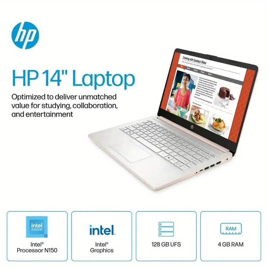 Laptop empresarial HP HD de 14 ", processador Intel N150, 4 GB de RAM, 128 GB UFS, gráficos intel, Wi-Fi 6, Windows 11 Home, ouro rosa pálido