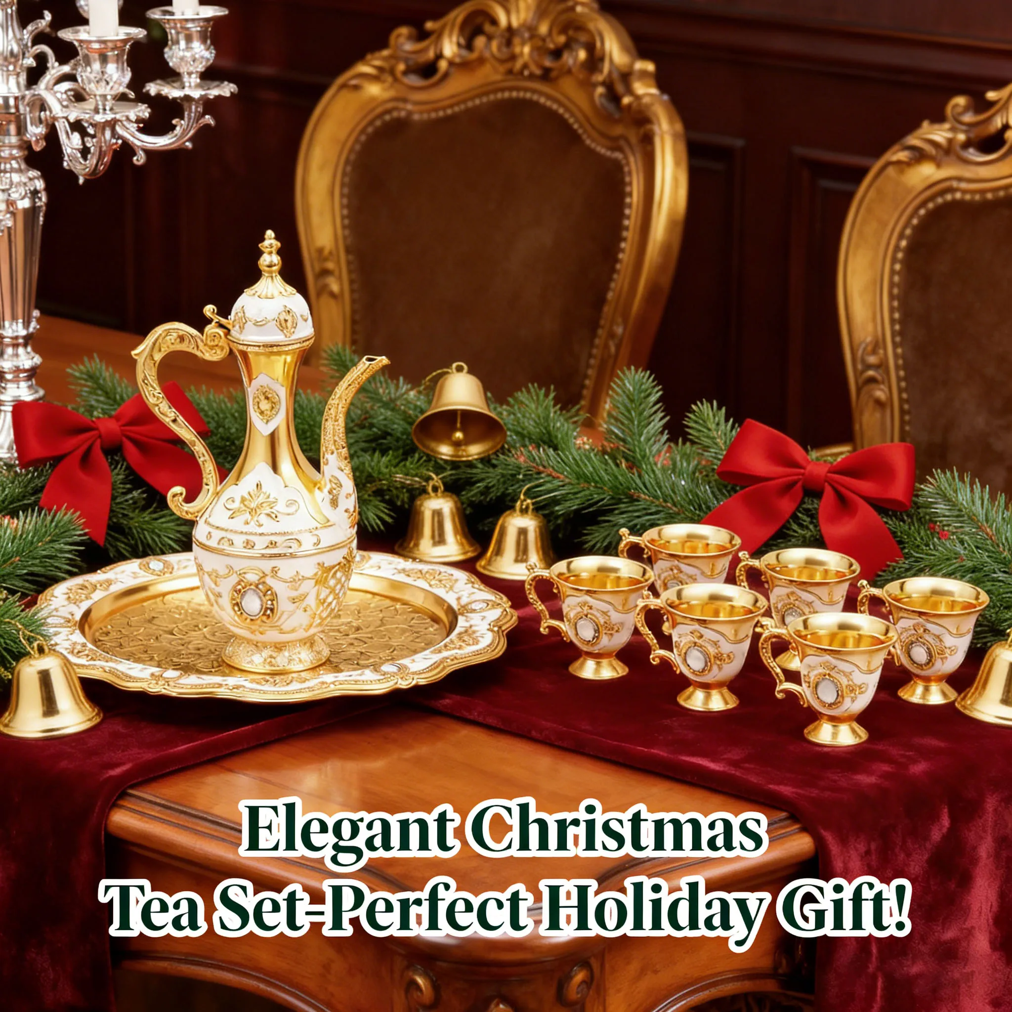 

Tea Set, Turkish Style Gold White Tea Pot and 6 Cups Set, Zinc Alloy Luxury Tea Serving Set for Home Decor, Cafe Hotel Christmas