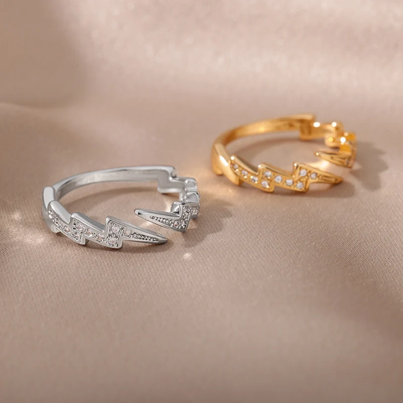 Vintage Zircon Lightning Rings For Women Stainless Steel Plated Open Finger Ring Couple Wedding Jewelry Gift Bijoux Femme