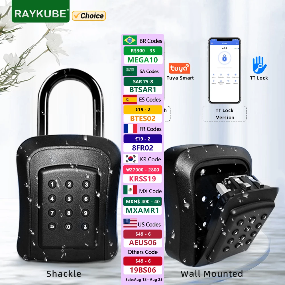 RAYKUBE IP65 Waterproof Metal Smart Wall Mount Key Lock Box Security Lock with Tuya/ TT Lock APP/Password Unlock for Key Safe