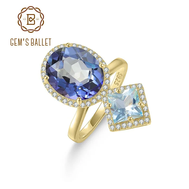 GEM'S BALLET Iolite Blue Mystic Quartz & Sky Blue Topaz Cocktail Ring in 925 Sterling Silver 18K Gold Plated Gift For Her