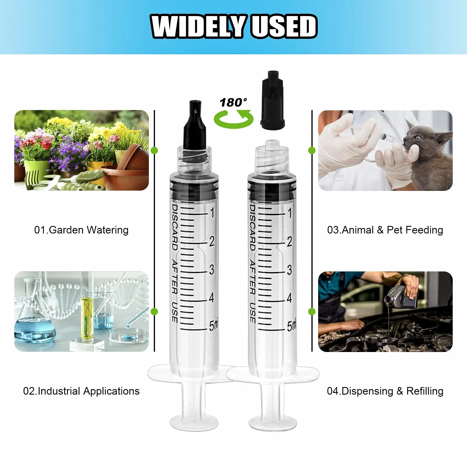 100 عبوة من حقنة بلاستيكية سعة 5 مل، غلاف فردي معقم (بدون إبرة)، محاقن قفل لور مع غطاء أسود للمختبرات العلمية