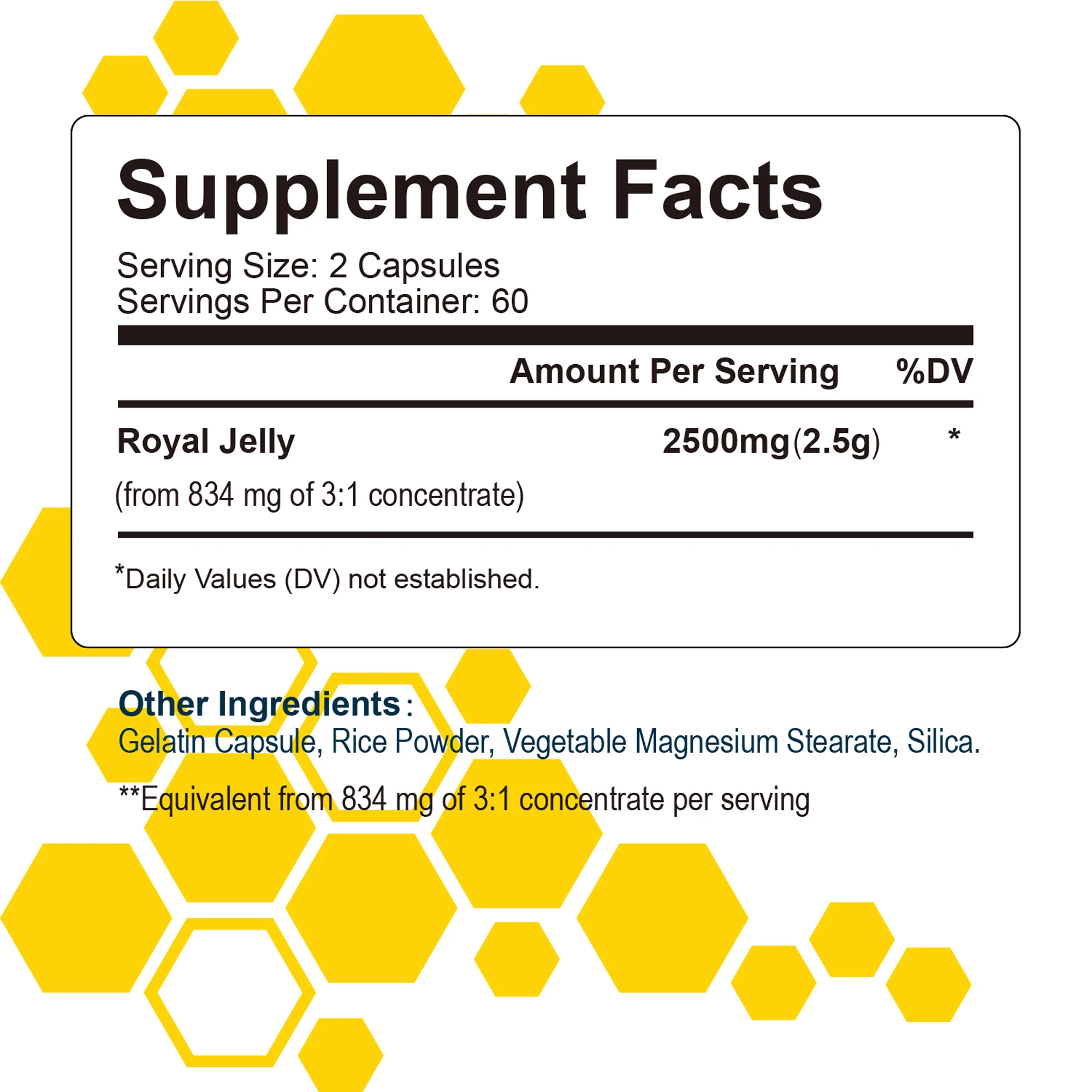 로얄 젤리 2500mg, 에너지 제공, 관절 지지대, 피부 건강, 항산화 120 캡슐