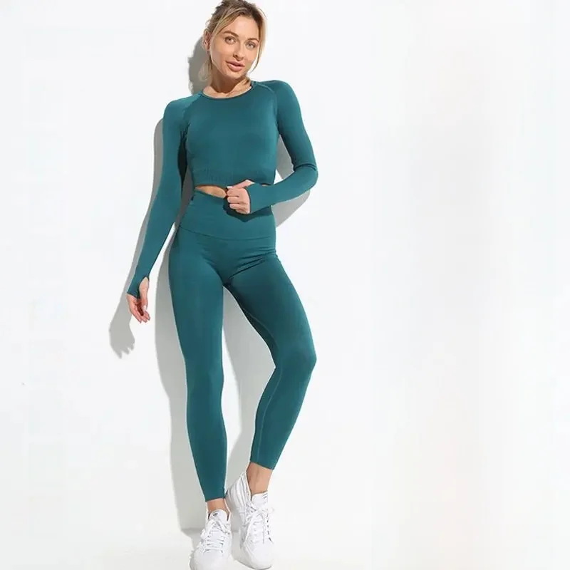 2/3/4 sztuk bez szwu kobiety joga zestaw trening sportowy ubrania sportowe na siłownię z długim rękawem krótki Top legginsy z wysokim stanem sport Suit2021 — zdjęcie 2