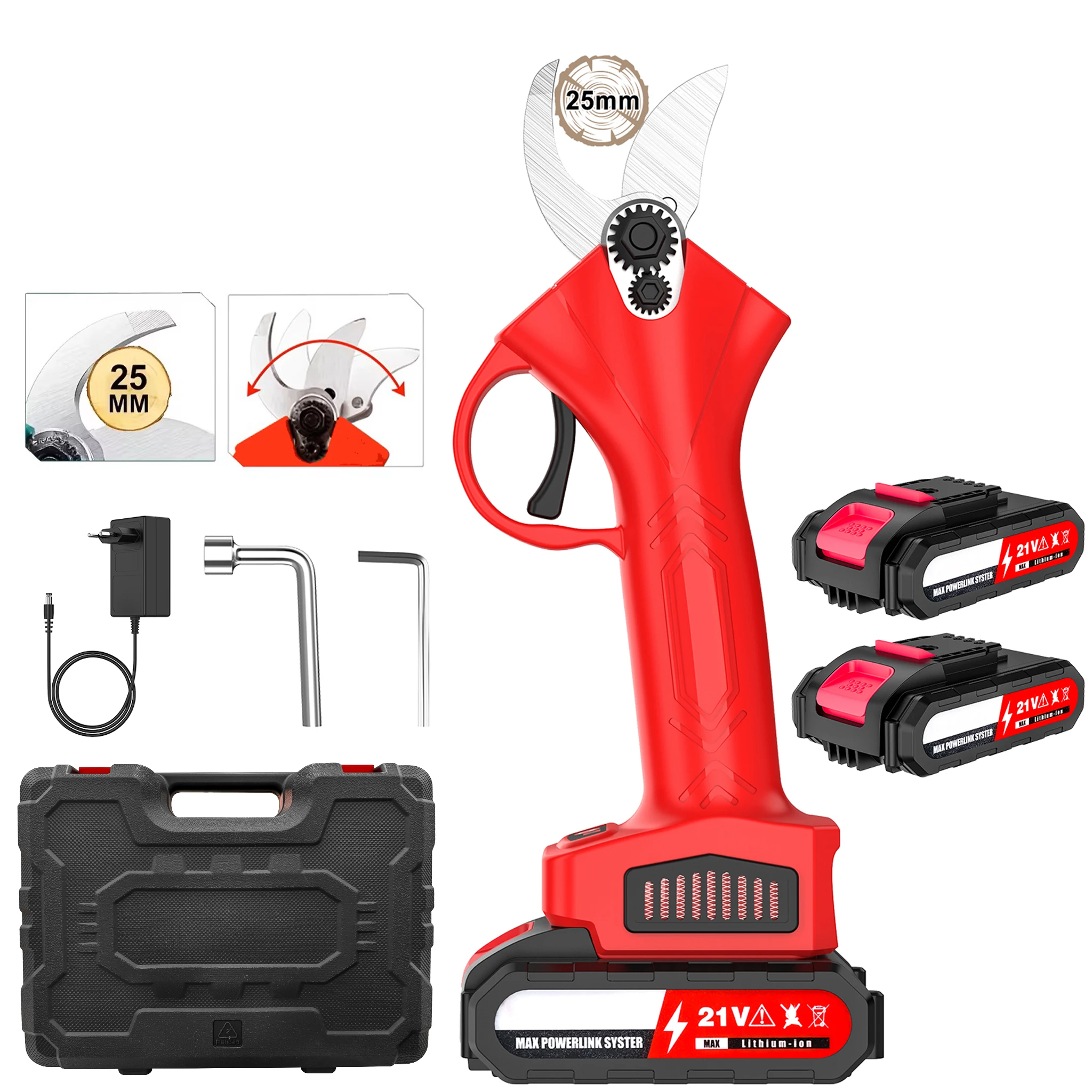 Forbici da potatura elettriche senza spazzole 21V, potatore a batteria a 2 velocità, tagliarami da 25 mm per alberi da frutto e giardino, compatibile con batteria Makita 21V