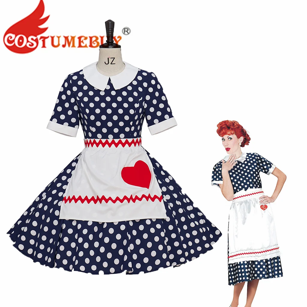 

Women's I Love Lucy Cosplay Costume Lucille Ball Halloween Costume Plus Size Ricky Ricardo Costume Polka Dot Dress with Apron