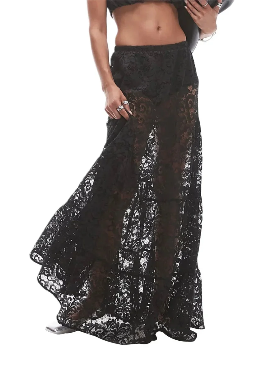 Nowa moda Koronkowe spódnice Maxi Kobiety Wysoka talia Przezroczysta elegancka długa spódnica Wszechstronny jednolity kolor Luźny Casual Jesień Zima — zdjęcie 2