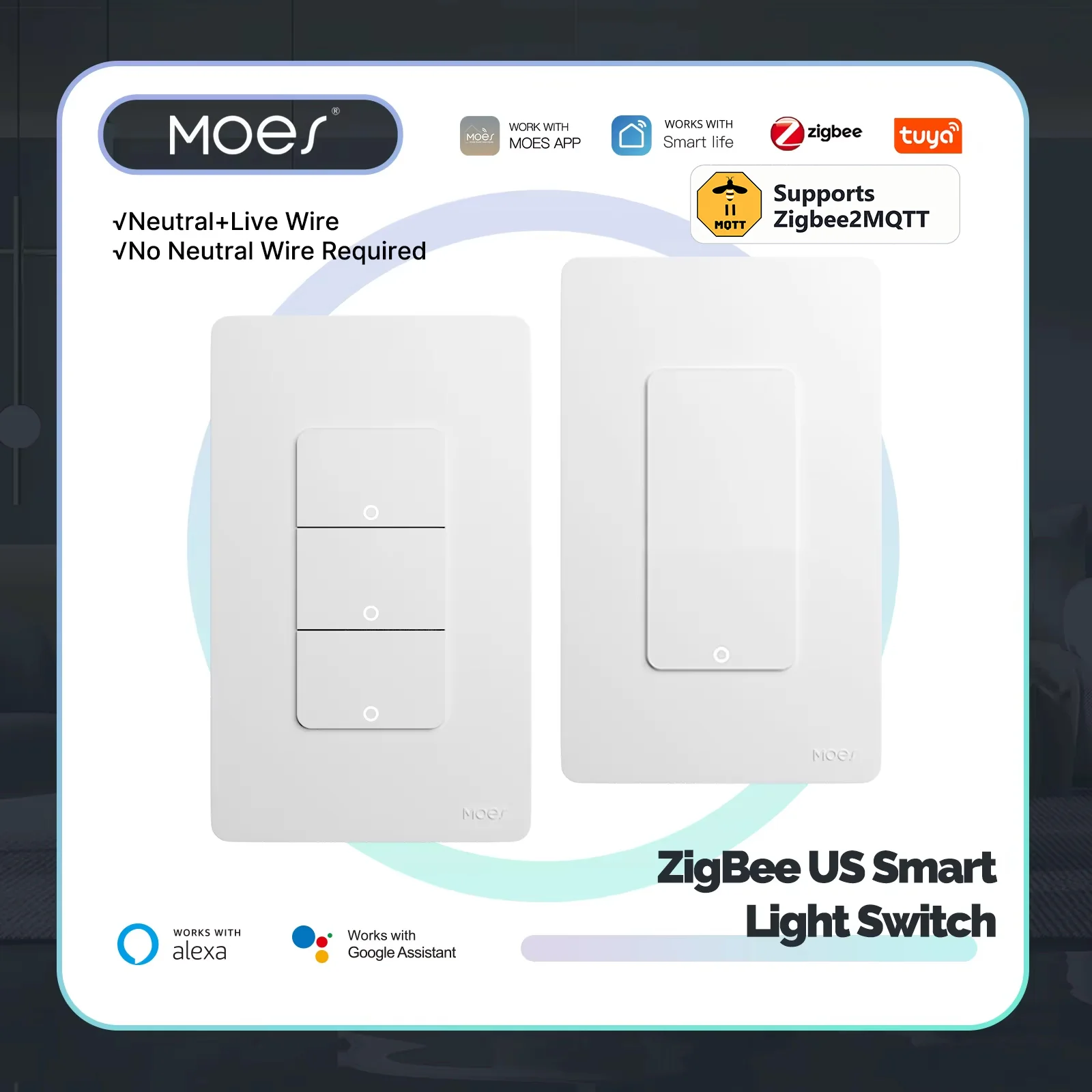 MOES Tuya Zigbee2MQTT Smart Switch US Version 1-4 Gang Outgoing Ground Neutral Wire App Remote Control Alexa Google Home