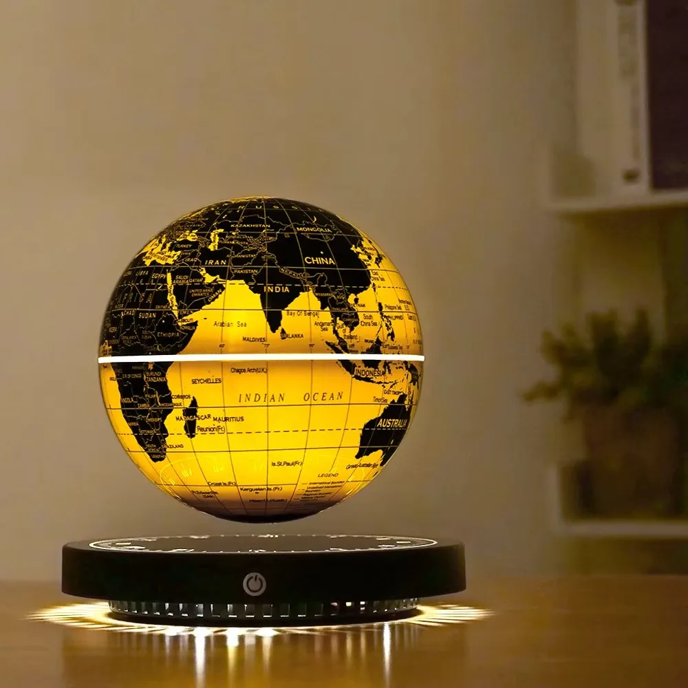 

Round Clock Base 14cm 6 Inch Desk Table Golden English Rotating World Map Magnetic Levitating Floating White LED Light Globe